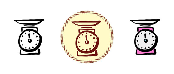This is a set of icons with different styles of kitchen scales. Contour, color and retro symbols of kitchen scales. Freehand drawing, doodles. Stylish solution for website and label.