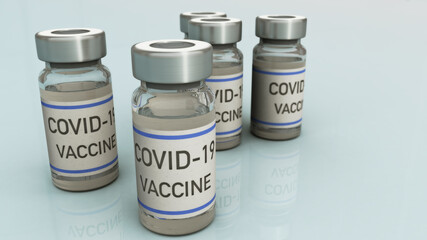 Ampoules with Covid-19 vaccine. Coronavirus sars-cov-2 pandemic. 3D render