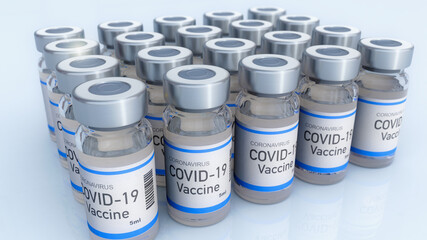 Ampoules with Covid-19 vaccine. Coronavirus sars-cov-2 pandemic. 3D render
