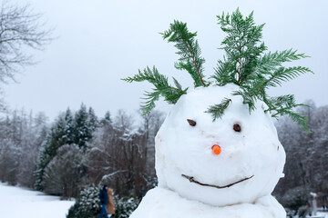 smiling snowman with carrot nose and hair from tree branches. winter landscape in the white park