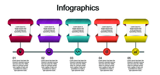 
Business data visualization, infographics. Schematic of the process of elements using graphics, diagrams, rectangles in five steps, numbers, options, parts. Business vector for presentation.
