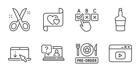 Scroll down, Faq and Correct checkbox line icons set. Scissors, Video content and Love letter signs. Scotch bottle, Pre-order food symbols. Landing page, Web support, Answer. Business set. Vector
