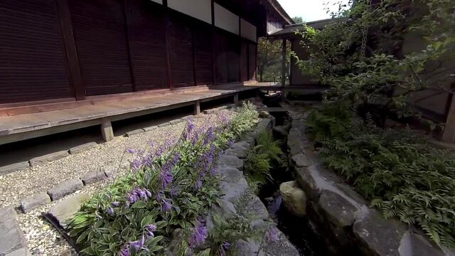 Steadicam shot moving through Japanese dry landscape garden and stream.