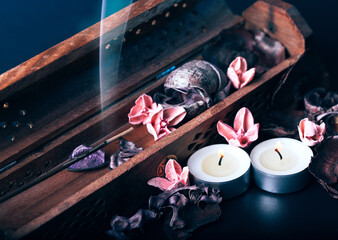 incense stick aroma with smoke  in a wooden handmade holder