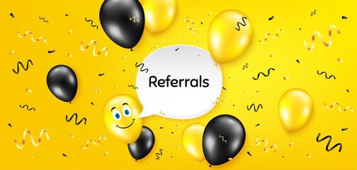 Referrals symbol. Balloon confetti vector background. Referral program sign. Advertising reference. Birthday balloon background. Referrals message. Celebrate yellow banner. Vector © blankstock