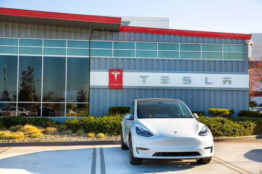 Fremont, CA, USA - January 20, 2021: Tesla Model 3 on display at Tesla factory in Fremont, CA