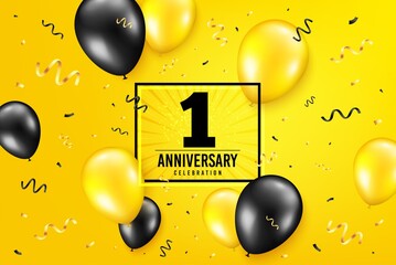 1 year anniversary. Anniversary birthday balloon confetti background. One year celebrating icon. Celebrate yellow banner. Birthday party balloon background. Age in a frame box. Vector