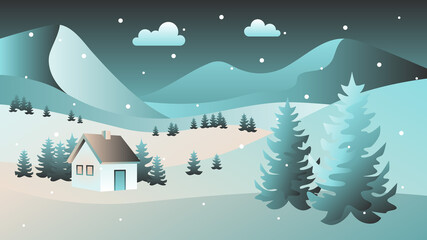 Winter night time. Winter landscape with snowdrifts and snowy fir trees. Seasonal nature background. Frosty snow hills. Snowy background. Snowdrifts. Snowfall. Vector illustration.