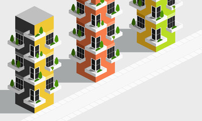 Green city isometric building, construction, on gray gradient with road, modular city