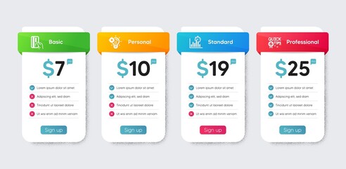 Technology icons set. Price table chart, business plan template. Included icon as Quick tips, Seo idea, Payment card signs. Report timer flat icons. Helpful tricks, Performance, Credit card. Vector