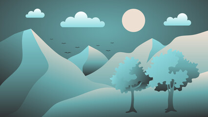 A mountain vector landscapes in a flat style. Night, misty terrain with slopes, mountains near the forest. Mountain and night, illustration of outdoor sky with sun and mountain.