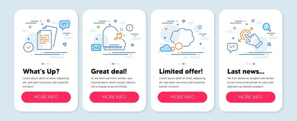 Set of Business icons, such as Piano, Documents, Talk bubble symbols. Mobile screen banners. Touchscreen gesture line icons. Fortepiano, Office file, Chat message. Drag drop. Piano icons. Vector