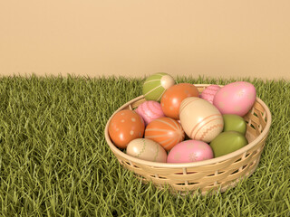 3D Illustration. Easter eggs in a basket.