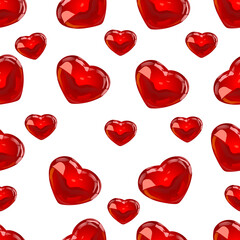 Fototapeta na wymiar A pattern of a glass red heart for Valentine's Day. Vector illustration. The pattern with voluminous red hearts is suitable for printing on fabric and website design