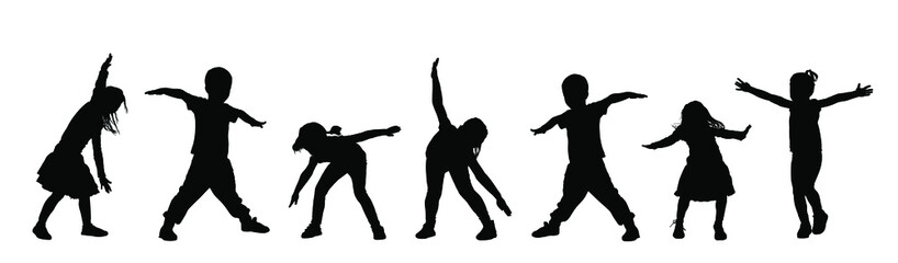Happy joyful kids, little boys and girls doing exercise vector silhouette isolated on white background. Funny playing plane game. Spread hands flying symbol widespread hands open. Smiling children.