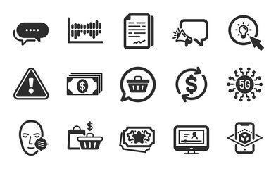 Dots message, Energy and Sale bags icons simple set. Document signature, Megaphone and Banking signs. Loyalty points, Column diagram and Online video symbols. Flat icons set. Vector