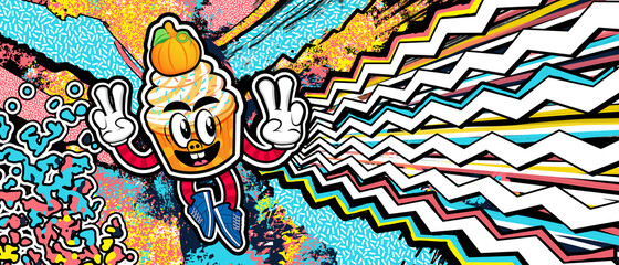 cheerful cartoon cake on a colorful abstract background