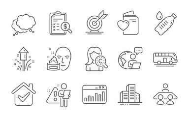 Accounting report, Marketing statistics and Collagen skin line icons set. Speech bubble, Love document and Water bottle signs. Face cream, Bus tour and Buildings symbols. Line icons set. Vector