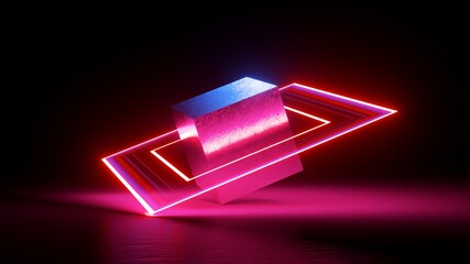 3d render, abstract geometric shape with neon light, levitating metallic cube with glowing red square © wacomka