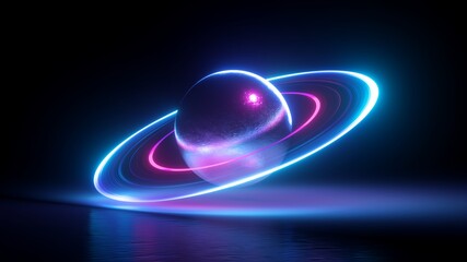 3d render, abstract geometric shape with neon light, levitating metallic ball with glowing ultraviolet rings - obrazy, fototapety, plakaty