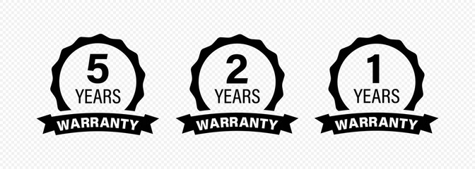5, 2 and 1 years and lifetime warranty label icon. Vector on isolated transparent background. EPS 10