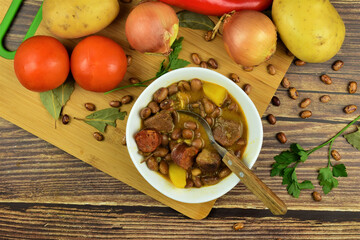 Homemade food, black bean stew, excellent calorie dish on cold days. Zenith view.