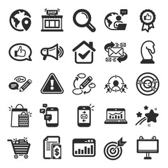Marketing, research icons. Set of Strategy target, Feedback, Advertisement campaign icons. Research marketing, Communication and Keywords. Chess Knight, Target, Mail. Business strategy. Vector