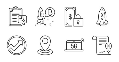 5g notebook, Audit and Private payment line icons set. Spanner, Rocket and Location signs. Bitcoin project, Reject certificate symbols. Wireless laptop, Arrow graph, Secure finance. Vector