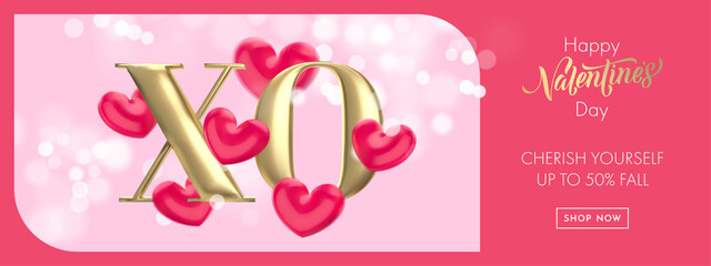 XO gold text for Valentine's day sale banner background. Hugs and Kisses concept of Valentines day with red heart balloon on pink bokeh background. Web site banner or greeting card