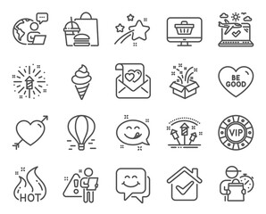 Holidays icons set. Included icon as Vip chip, Airplane travel, Be good signs. Love, Smile face, Air balloon symbols. Fireworks rocket, Ice cream, Fireworks explosion. Yummy smile, Gift. Vector