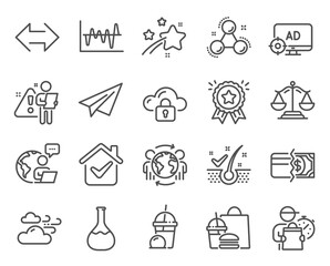 Fototapeta premium Business icons set. Included icon as Stock analysis, Ice cream milkshake, Global business signs. Cloud protection, Payment methods, Chemistry molecule symbols. Windy weather, Chemistry lab. Vector