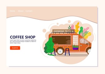 Obraz premium Street Food Festival concept for landing page, takeaway coffee in truck, vehicle. Mobile coffee shop, cafe on wheels in city park, vector concept banner