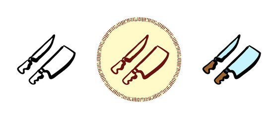 This is a set of icons with different styles of kitchen knives. Contour, colored and retro symbols of kitchen knives. Freehand drawing, doodles. Stylish solution for website and label.