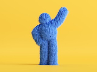 3d render, blue hairy yeti, cartoon character fluffy monster toy isolated on yellow background, standing pose. Colorful furry beast stands with hand up. Modern minimal concept - obrazy, fototapety, plakaty