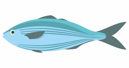 The marine ocean fish in blue color with a yellow eye, dark fins and a tail.