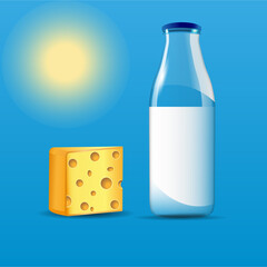 Bottle of milk and cheese. Delicious and healthy breakfast for a good morning.