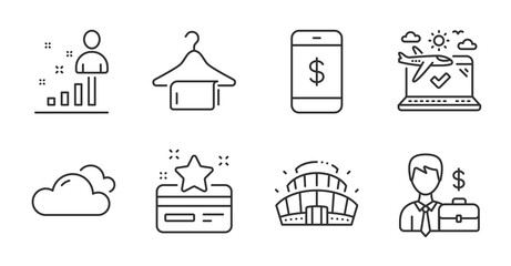Loyalty card, Airplane travel and Clean towel line icons set. Cloudy weather, Stats and Smartphone payment signs. Businessman case, Arena stadium symbols. Quality line icons. Vector