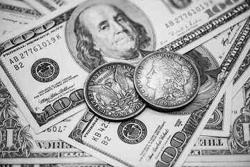 Two old dollar coins on a background of dollar bills, finance and economy