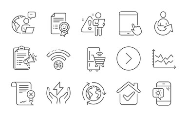 Weather phone, Smile and Share line icons set. Forward, Reject certificate and Tablet pc signs. Diagram chart, Outsourcing and Megaphone checklist symbols. Line icons set. Vector
