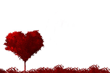 Red colored heart shaped tree and red bushes underneath