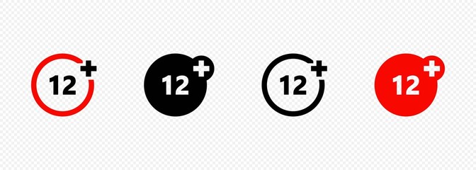 Set of age restriction icons. 12 age limit concept. Adults content icon. Vector on isolated transparent background. EPS 10