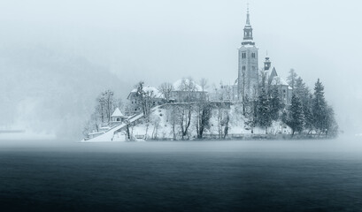 image of the monastery at Lake Bled, Slovenia