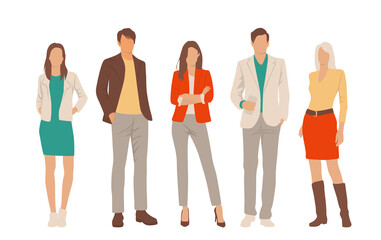 Obraz premium Set of young men and women, different colors, cartoon character, group of silhouettes of standing business people, students, the design concept of flat icon, isolated on white background