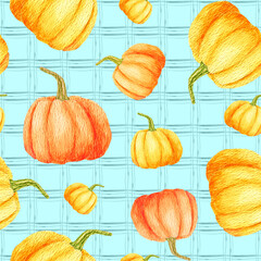 Long round Orange pumpkin. Seamless watercolor pattern with Orange round Gourd on blue checkered backdrop. Design for the menu, diet, proper nutrition, autumn harvest. Can be used for printed