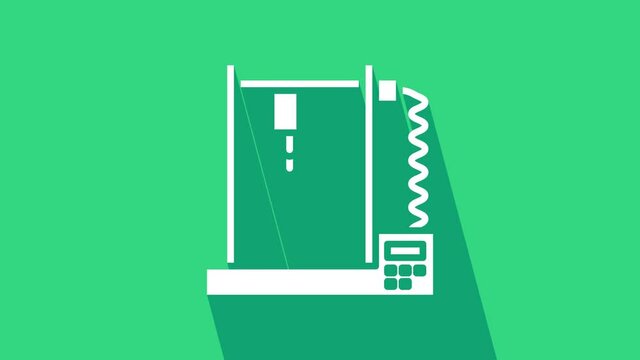White 3D printer icon isolated on green background. 4K Video motion graphic animation