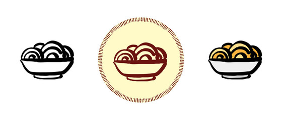 This is a set of icons with different styles of spaghetti. Contour, color and retro symbols of spaghetti. Freehand drawing, doodles. Stylish solution for website and label.