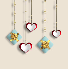 Pretty love card, Valentines card with hanging hearts. gift boxes. 3D Illustration