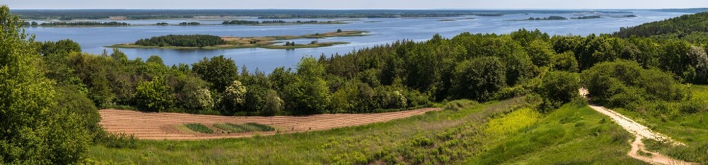 Dnipro river shores summer panoramic landscape, Kaniv water Reservoir, Kyiv Region, Ukraine.