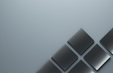 Rough metal cubes in diagonal rows, over gray wall. 3D render.