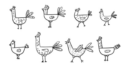Cartoon doodle cute  cocks and different hens set. Hand drawn elementary illustrations.